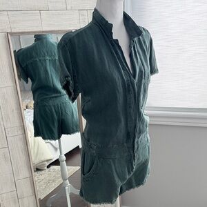 Young Fabulous & Broke Dark Teal Green Short-Sleeve Linen Romper